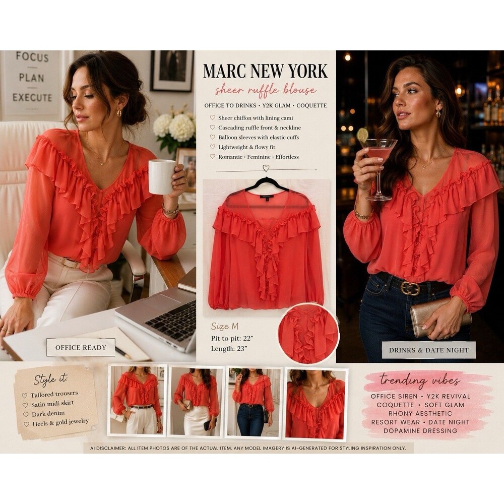 MARC NEW YORK Coral Sheer Ruffle Blouse Y2K Office Siren To Cocktails Glam Top M